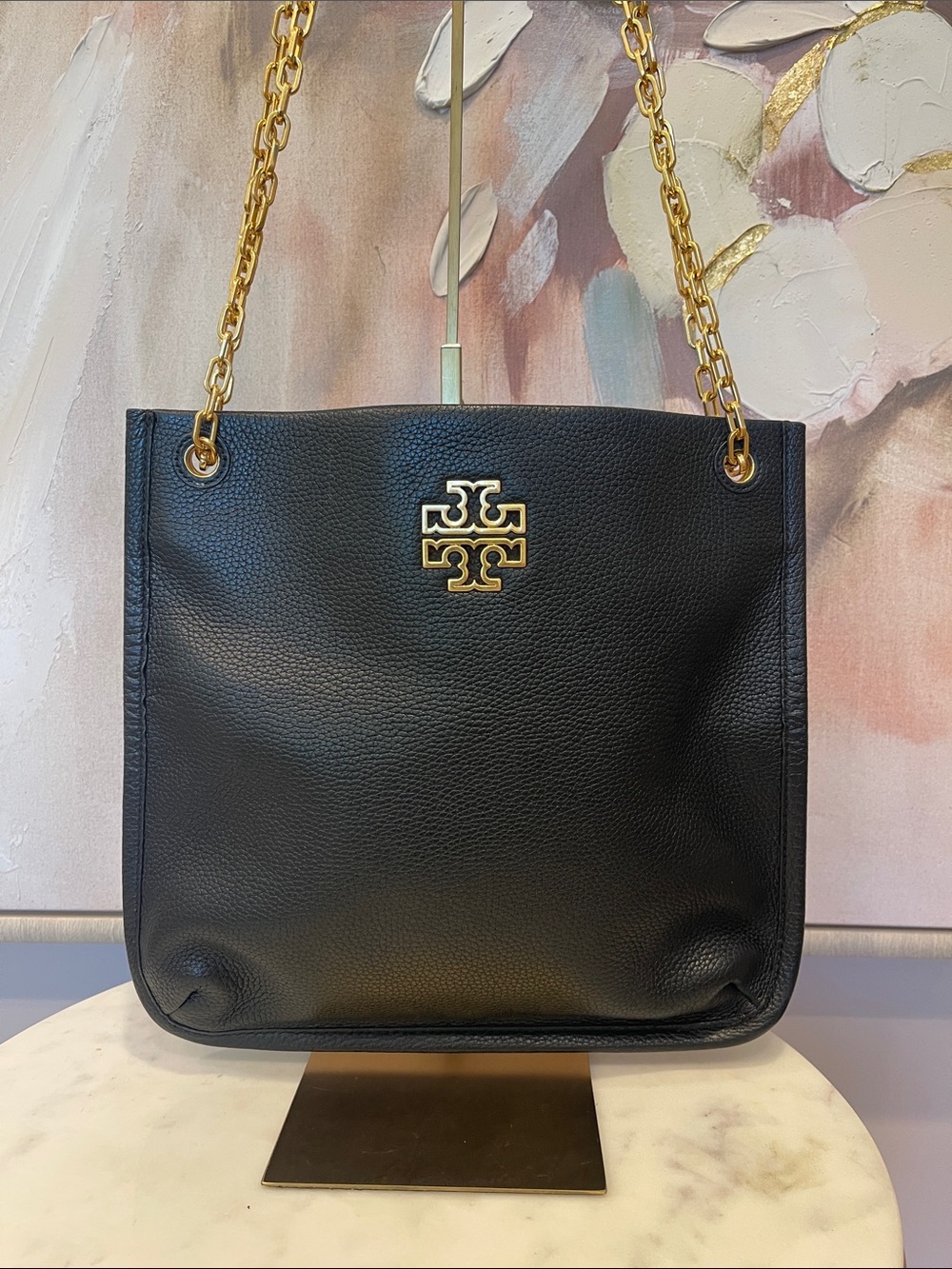 Tory Burch Black Pebbled Leather Chain Shoulder Bag with Gold Logo